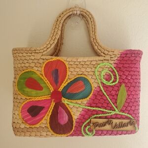 Handcrafted Mexican Artisan Raffia Palm Handmade Palm Tote Handbag Floral Design